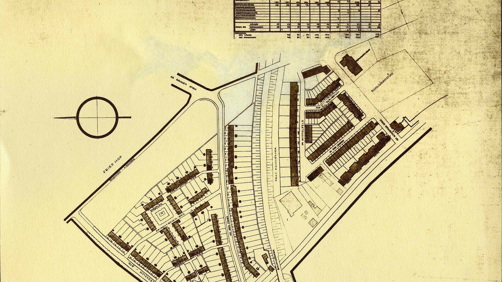 Historisches Bild einer Siedlungsskizze der Milchmädchensiedlung in Poll mit großen Gartenanlagen